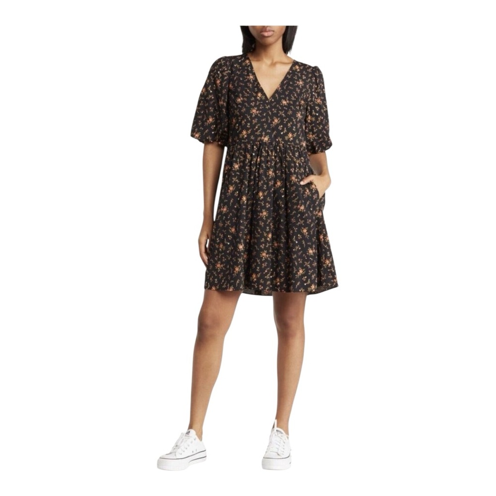 Madewell Poplin V-neck Bubble-sleeve Floral Casual Mini Dress In Fresh Sprig